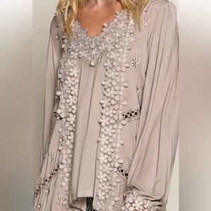 POL Floral Embroidered Long Sleeve V-Neck Top.  Color is romantic taupe.